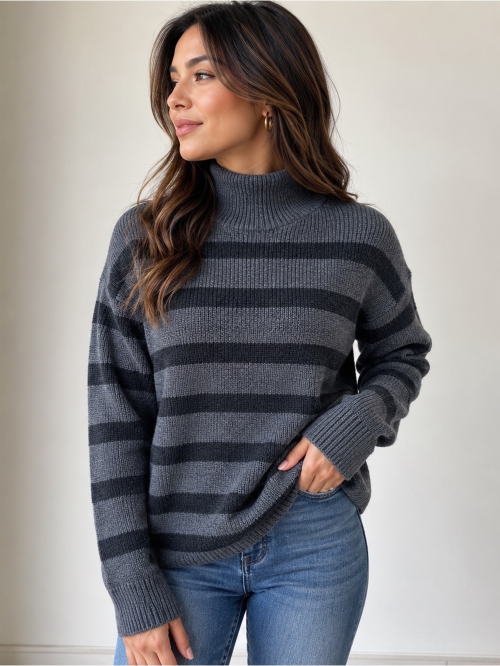 Eileen Fisher Gray Striped Turtleneck Sweater